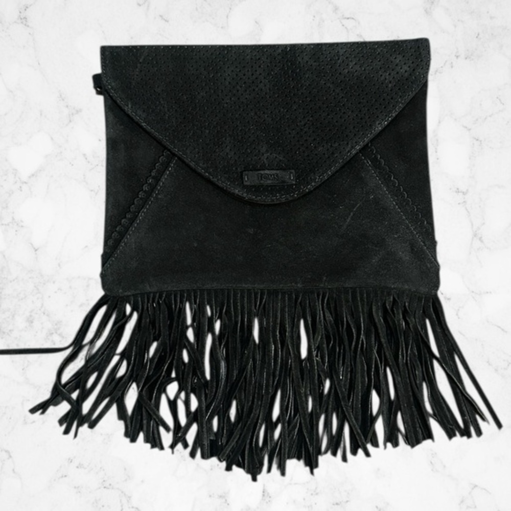TOMS Black Suede Fringe Clutch Boho Western Festival Purse